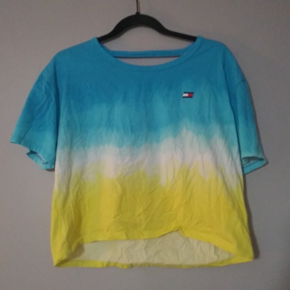 TOMMY HILFIGER SPORT Womens Blue and Yellow Color Fade ombre Crop Top Medium.